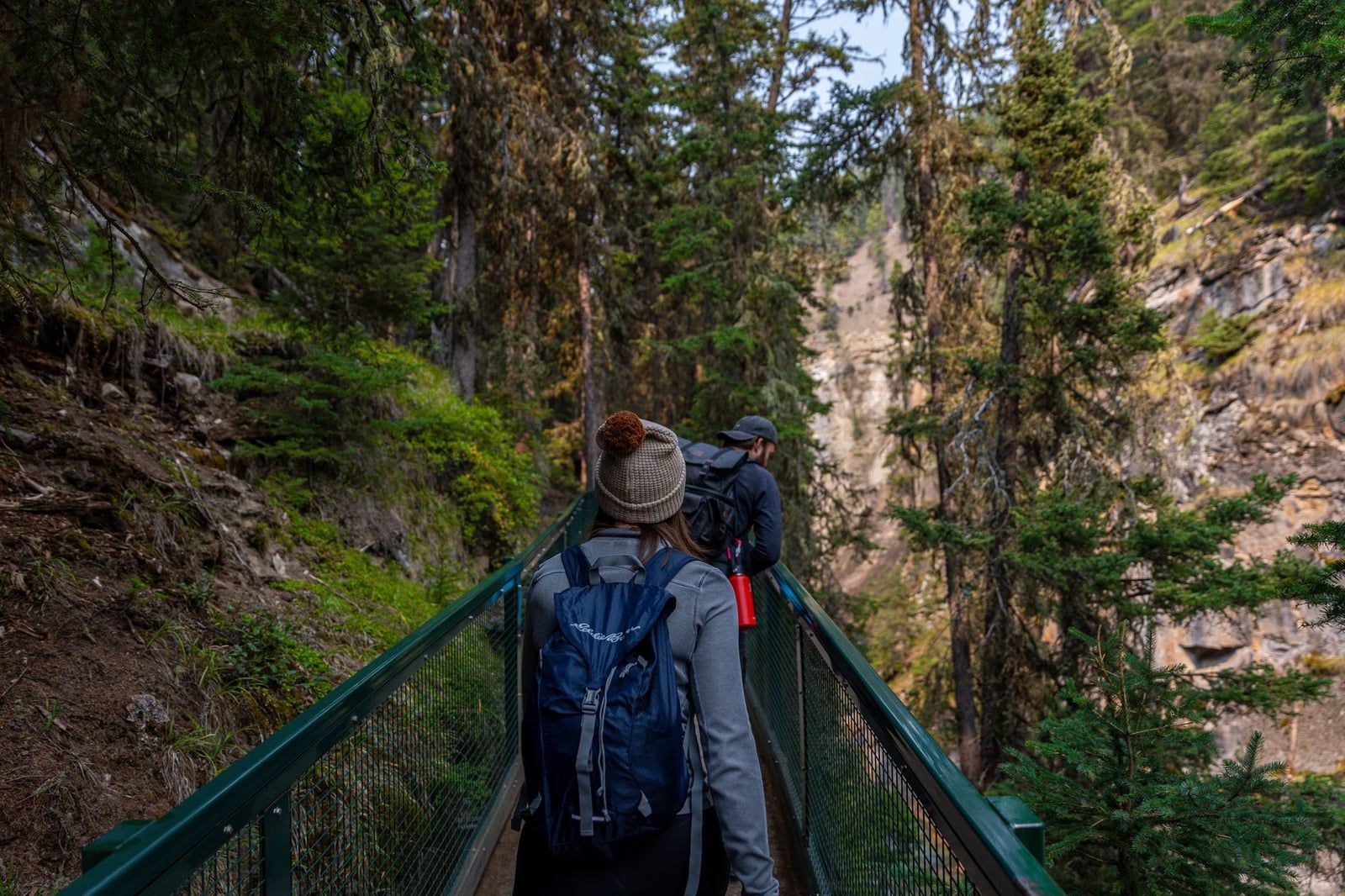 Wanderer gehen auf einem erhöhten Steg, umgeben von steilen Canyonwänden und Nadelbäumen, im Johnston Canyon.