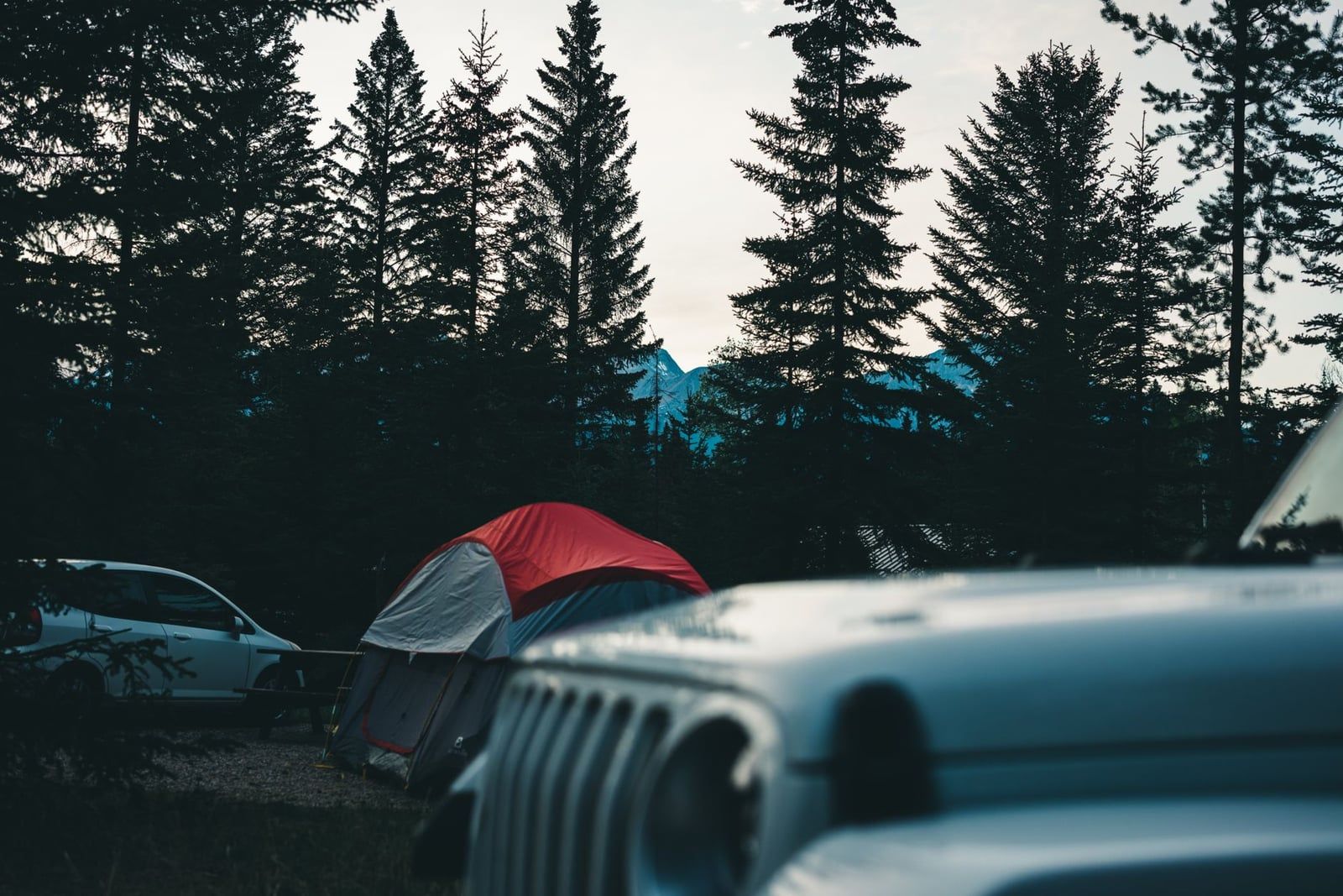 Een koepeltent op een bosrijke camping in Jasper National Park met dennenbomen en besneeuwde bergtoppen op de achtergrond.